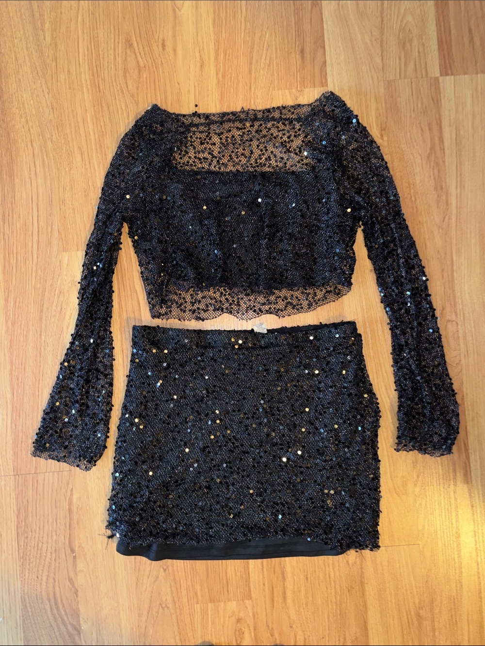 Madden Girl Black Sequin Set Cropped Long Sleeve and Mini Skirt
